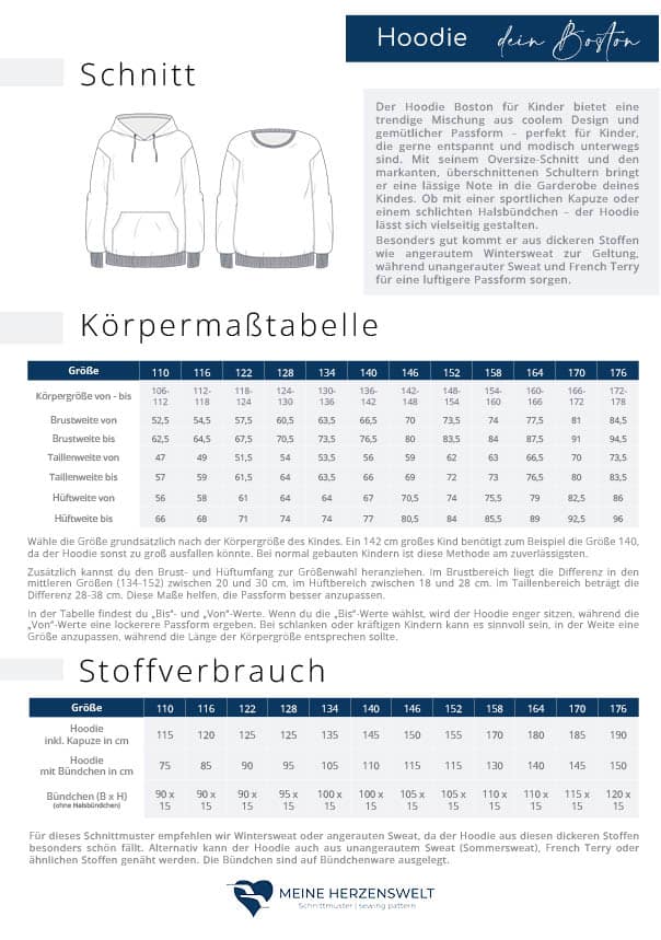 161 Stoffverbrauch Maßtabelle dein Boston Hoodie Kinder