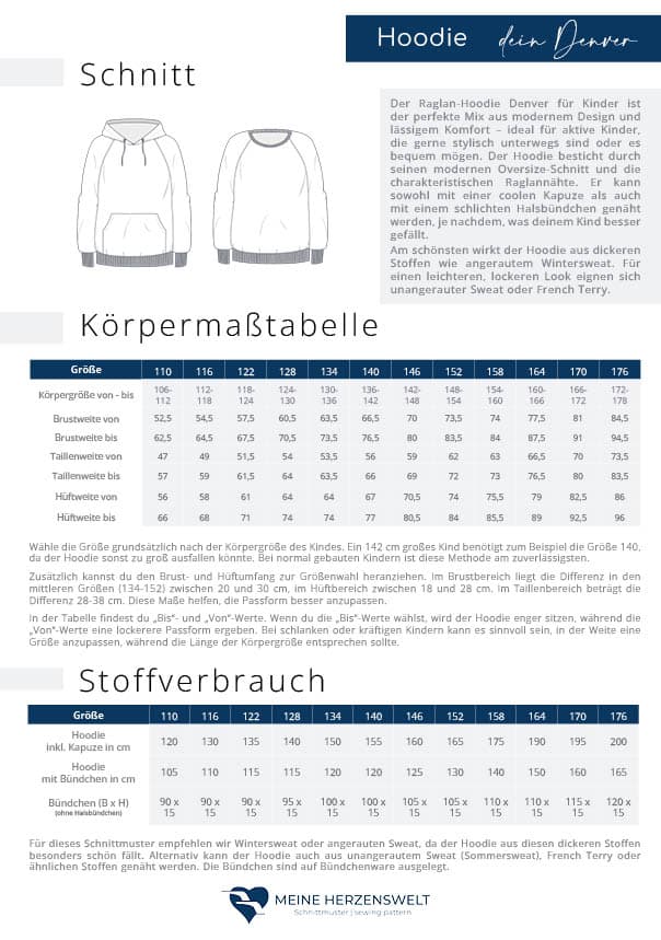 Stoffverbrauch Masstabelle dein Denver Hoodie Kinder meine Herzenswelt