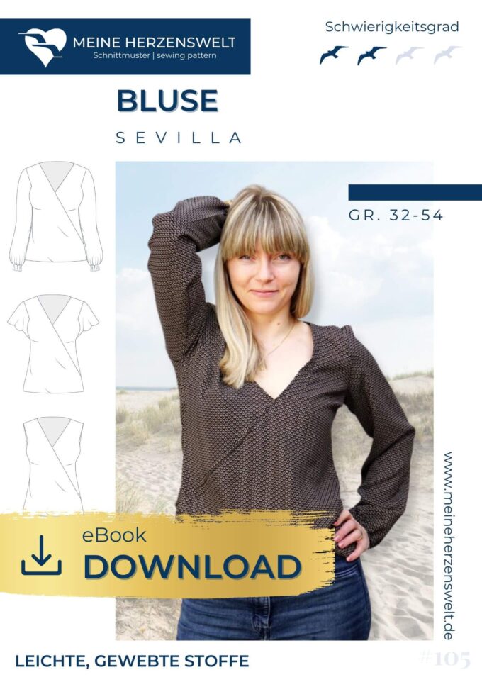 E105 Titelbild Sevilla Wickelbluse Bluse für Damen Schnittmuster Nähen Meine Herzenswelt