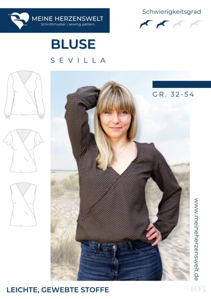 S105 Titelbild Sevilla Wickelbluse Bluse für Damen Schnittmuster Nähen Meine Herzenswelt