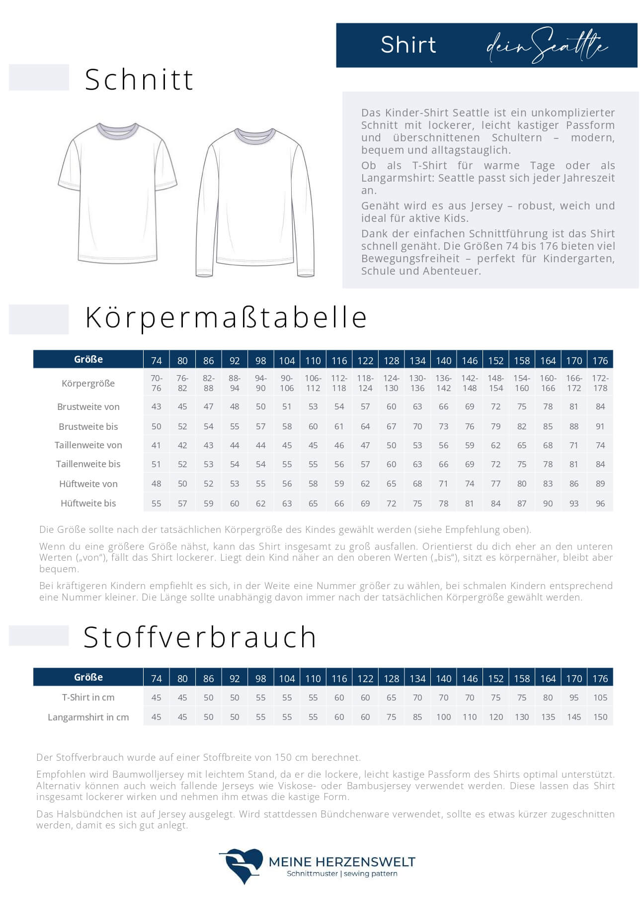 Stoffverbrauch Maßtabelle dein Seattle Tshirt Kinder meine Herzenswelt