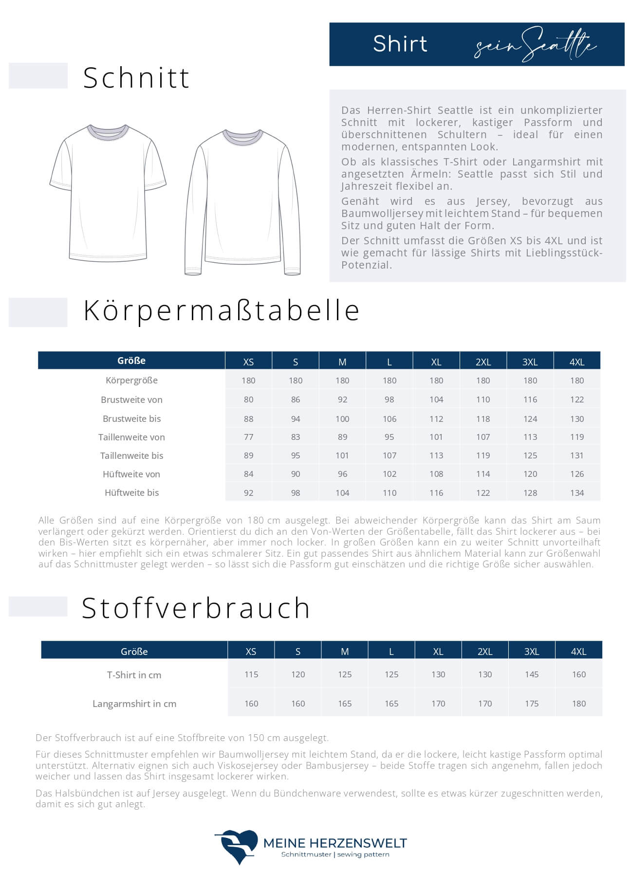 Stoffverbrauch Maßtabelle sein Seattle Tshirt Herren meine Herzenswelt