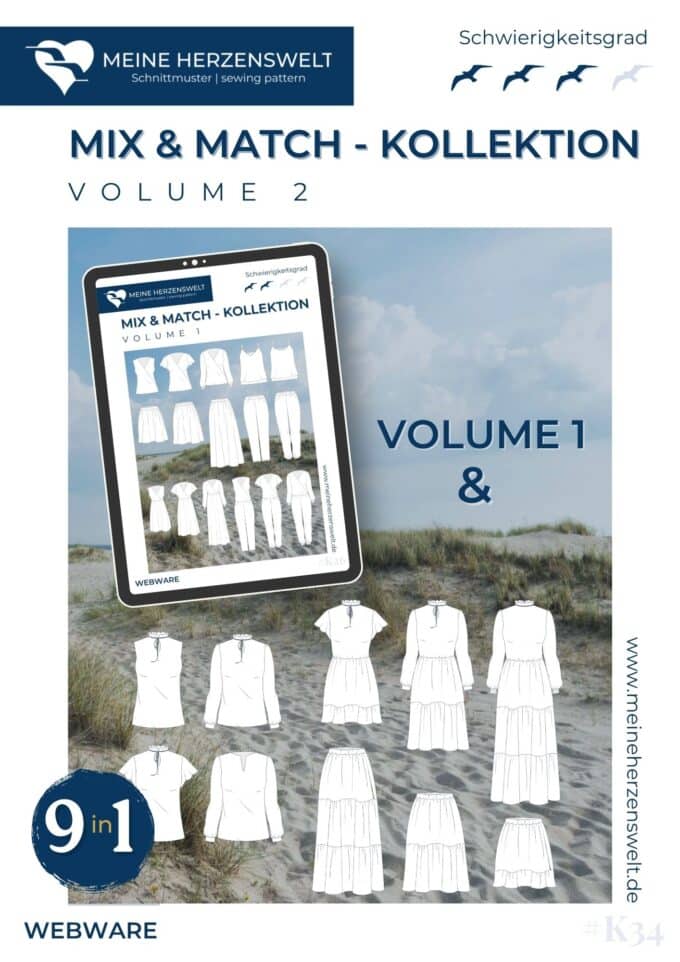 K34 Titelbild Mix and Match Kollektion Volume 2 Kleid, Hose, Bluse, Jumpsuit, Top für Damen nähen Schnittmuster Meine Herzenswelt