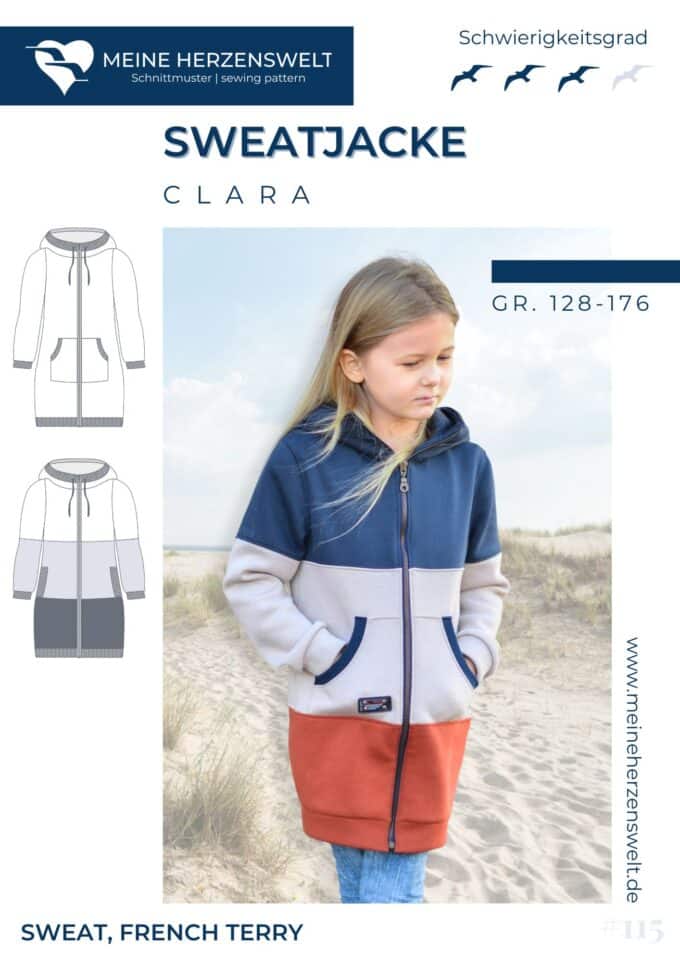 S115 Titelbild deine Clara lange Sweatjacke Kinder Schnittmuster Nähen Meine Herzenswelt