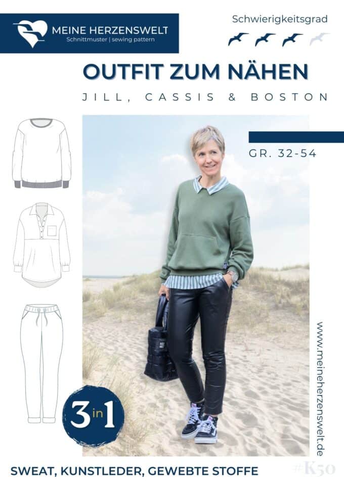 K050 Titelbild Outfit zum Nähen Kombi Schnittmuster Hose Jill Pullover Boston Bluse Cassis - Ledderleggings nähen - Meine Herzenswelt