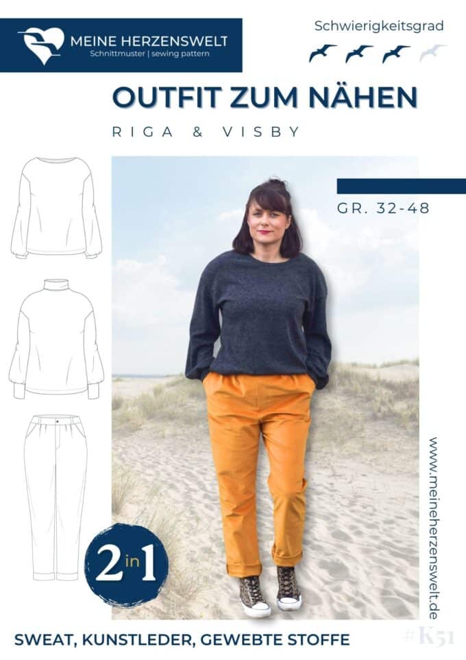 K050 Titelbild Outfit zum Nähen Kombi Schnittmuster Hose Riga Strickpullover Visby Meine Herzenswelt