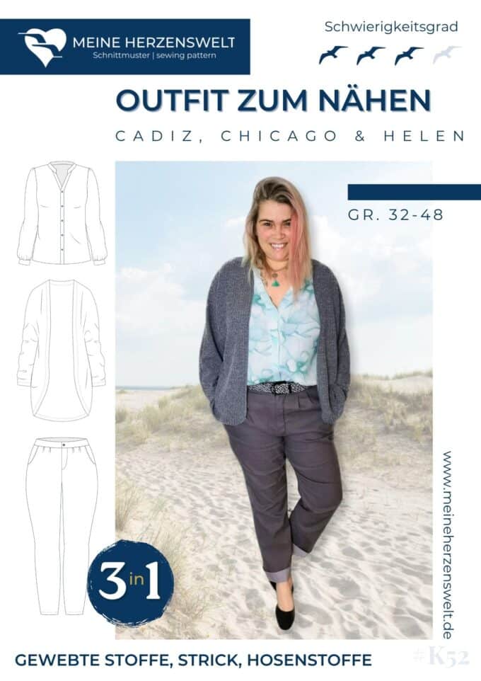 K052 Titelbild Outfit zum Nähen Kombi Schnittmuster Hose Helen Cardigan Chicago Bluse Cadiz Meine Herzenswelt
