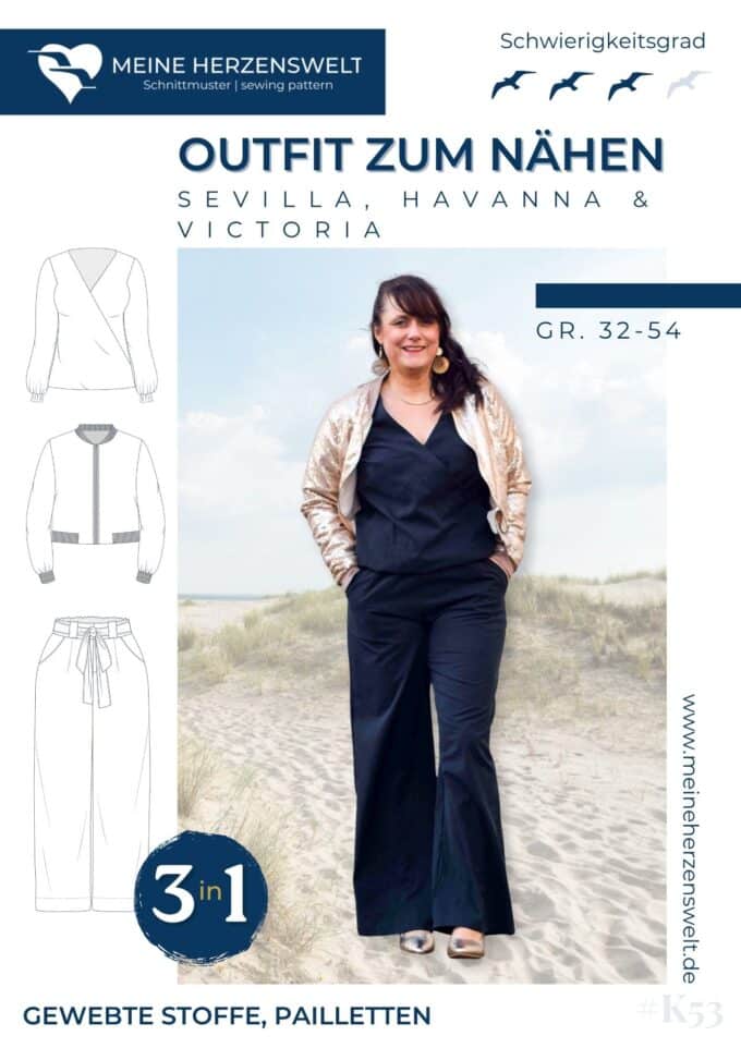 K053 Titelbild Outfit zum Nähen Kombi Schnittmuster Culotte Valetta Bluse Sevilla Blouson Havanna Schnittmuster Meine Herzenswelt