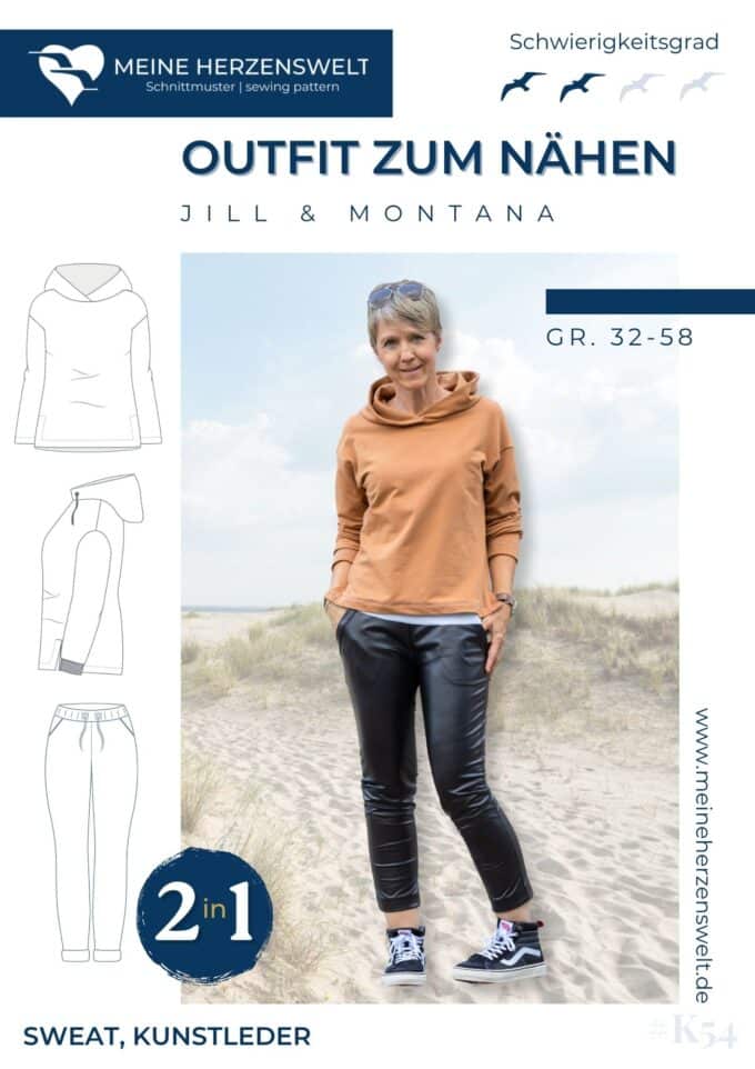K054 Titelbild Outfit zum Nähen Kombi Schnittmuster Hose Jill Lederleggings Hoodie Montana Meine Herzenswelt
