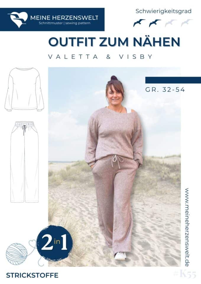 K055 Titelbild Outfit zum Nähen Strickoutfit nähen – Pullover & Hose als Schnittmuster für Damen – Valetta & Visby Meine Herzenswelt