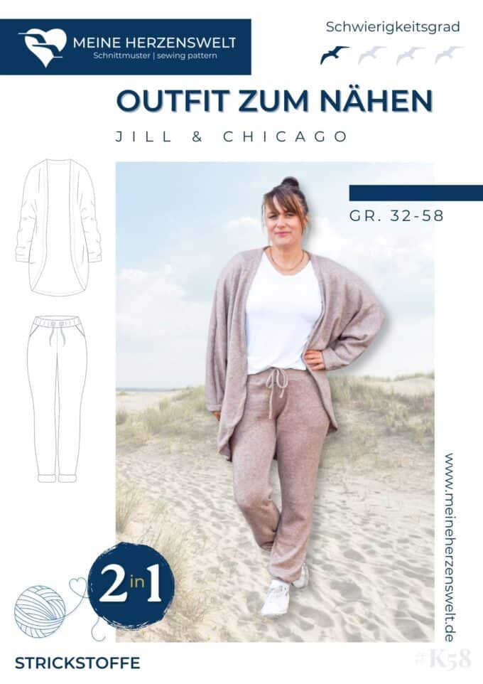 K058 - Titelbild Outfit zum Nähen - Strickoutfit nähen – Cardigan und Hose als Schnittmuster für Damen – Loungewear - Homewear - Strickcardigan - Strickjacke - Meine Herzenswelt
